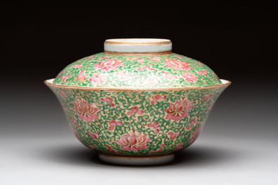 A large Chinese Canton famille rose 'lotus' Bencharong bowl and cover for the Thai market, 19th C.