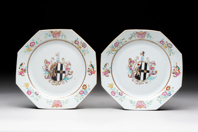 A set of five Chinese famille rose armorial plates with the arms of Simpson impaling Brydges for the English market, Qianlong, ca. 1760