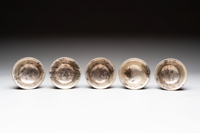 Five Chinese silver-lined laque burgaut&eacute; stem cups and a bowl, 18th C.