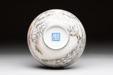 A Chinese 'snowscape' eggshell bowl on wooden stand, Qianlong mark, Republic