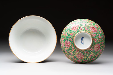 A large Chinese Canton famille rose 'lotus' Bencharong bowl and cover for the Thai market, 19th C.