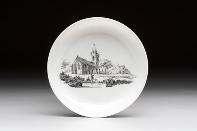 A Chinese grisaille 'Castricum, Blaricum and Workum' cup and saucer, Qianlong