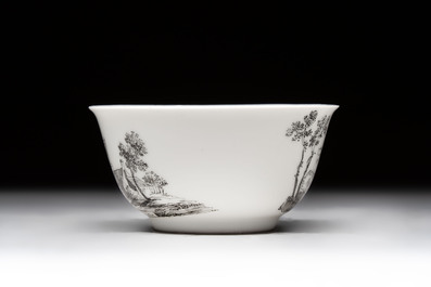 A Chinese grisaille 'Haarlem, Leersum and Liesveld' cup and saucer, Qianlong