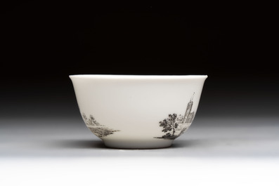 A Chinese grisaille 'Castricum, Blaricum and Workum' cup and saucer, Qianlong