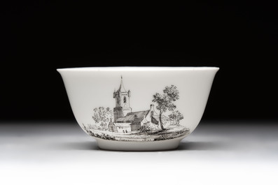 A Chinese grisaille 'Haarlem, Leersum and Liesveld' cup and saucer, Qianlong