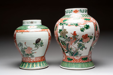Two Chinese famille verte 'flowers and mythical animals' vases, 19th C.
