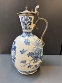 A blue and white Dutch Delft pewter-mounted armorial jug, late 17th C.