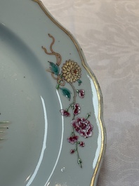 A pair of Chinese famille rose plates and one dish with birds and floral design, Qianlong