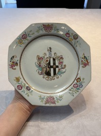 A set of five Chinese famille rose armorial plates with the arms of Simpson impaling Brydges for the English market, Qianlong, ca. 1760