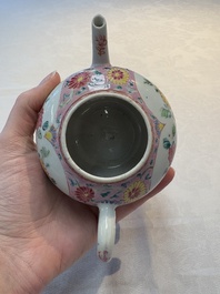 A Chinese famille rose moulded teapot and stand with floral design, Yongzheng/Qianlong