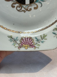 A set of five Chinese famille rose armorial plates with the arms of Simpson impaling Brydges for the English market, Qianlong, ca. 1760