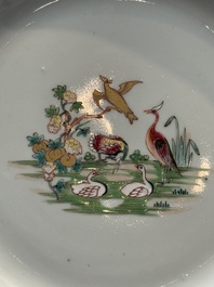 A pair of Chinese famille rose plates and one dish with birds and floral design, Qianlong