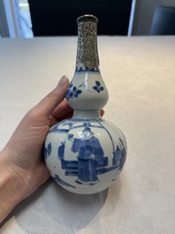 A Chinese blue and white silver-mounted double-gourd 'Li Bai' vase, Kangxi