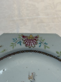 A set of five Chinese famille rose armorial plates with the arms of Simpson impaling Brydges for the English market, Qianlong, ca. 1760