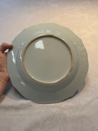 A pair of Chinese famille rose plates and one dish with birds and floral design, Qianlong