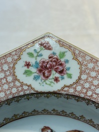 A rare Chinese famille rose hexagonal armorial soup plate with the arms of Jephson impaling Chase, Yongzheng, ca. 1735