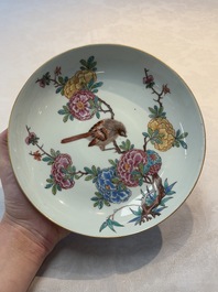 A pair of Chinese Dutch-decorated plates with birds among flowering branches, 18th C.