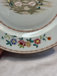 A pair of Chinese famille rose plates and one dish with birds and floral design, Qianlong