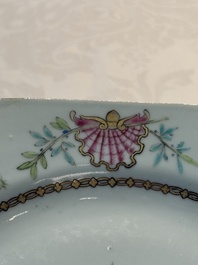 A set of five Chinese famille rose armorial plates with the arms of Simpson impaling Brydges for the English market, Qianlong, ca. 1760