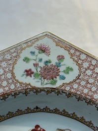 A rare Chinese famille rose hexagonal armorial soup plate with the arms of Jephson impaling Chase, Yongzheng, ca. 1735