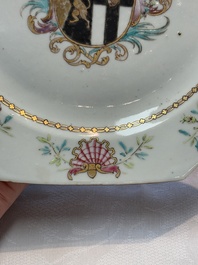 A set of five Chinese famille rose armorial plates with the arms of Simpson impaling Brydges for the English market, Qianlong, ca. 1760