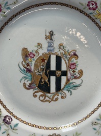 A set of five Chinese famille rose armorial plates with the arms of Simpson impaling Brydges for the English market, Qianlong, ca. 1760