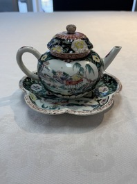 A Chinese famille rose teapot and stand, and a famille rose black-ground teapot, Yongzheng/Qianlong