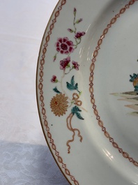 A pair of Chinese famille rose plates and one dish with birds and floral design, Qianlong