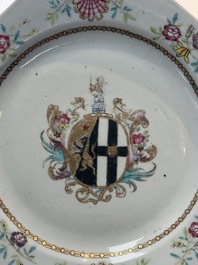 A set of five Chinese famille rose armorial plates with the arms of Simpson impaling Brydges for the English market, Qianlong, ca. 1760