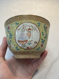 A Chinese famille rose 'antiquities' bowl, Tongzhi mark, 20th C.