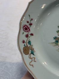 A pair of Chinese famille rose plates and one dish with birds and floral design, Qianlong