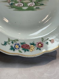 A pair of Chinese famille rose plates and one dish with birds and floral design, Qianlong