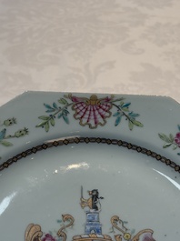 A set of five Chinese famille rose armorial plates with the arms of Simpson impaling Brydges for the English market, Qianlong, ca. 1760