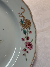 A pair of Chinese famille rose plates and one dish with birds and floral design, Qianlong