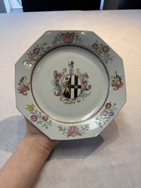 A set of five Chinese famille rose armorial plates with the arms of Simpson impaling Brydges for the English market, Qianlong, ca. 1760