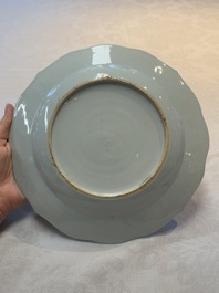 A pair of Chinese famille rose plates and one dish with birds and floral design, Qianlong