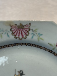 A set of five Chinese famille rose armorial plates with the arms of Simpson impaling Brydges for the English market, Qianlong, ca. 1760