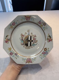 A set of five Chinese famille rose armorial plates with the arms of Simpson impaling Brydges for the English market, Qianlong, ca. 1760