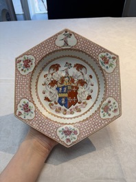 A rare Chinese famille rose hexagonal armorial soup plate with the arms of Jephson impaling Chase, Yongzheng, ca. 1735