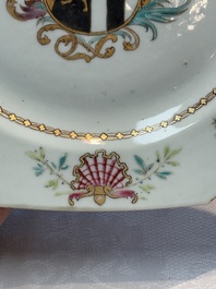 A set of five Chinese famille rose armorial plates with the arms of Simpson impaling Brydges for the English market, Qianlong, ca. 1760