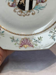 A set of five Chinese famille rose armorial plates with the arms of Simpson impaling Brydges for the English market, Qianlong, ca. 1760