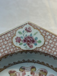 A rare Chinese famille rose hexagonal armorial soup plate with the arms of Jephson impaling Chase, Yongzheng, ca. 1735