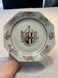 A set of five Chinese famille rose armorial plates with the arms of Simpson impaling Brydges for the English market, Qianlong, ca. 1760