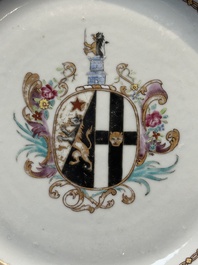 A set of five Chinese famille rose armorial plates with the arms of Simpson impaling Brydges for the English market, Qianlong, ca. 1760