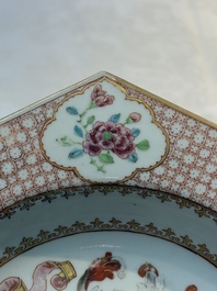 A rare Chinese famille rose hexagonal armorial soup plate with the arms of Jephson impaling Chase, Yongzheng, ca. 1735