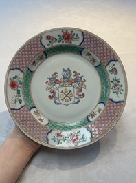 A Chinese famille rose armorial soup plate with the arms of Mellot for the Dutch market, Yongzheng, ca. 1733-1735