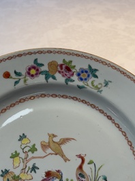 A pair of Chinese famille rose plates and one dish with birds and floral design, Qianlong