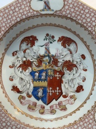 A rare Chinese famille rose hexagonal armorial soup plate with the arms of Jephson impaling Chase, Yongzheng, ca. 1735