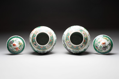 A pair of Chinese famille verte 'birds and flowers' vases and covers, 19th C.
