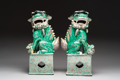 A pair of large Chinese verte biscuit Buddhist lions, 19th C.